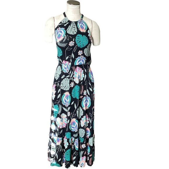 Cynthia Rowley Black Floral Halter Midi Dress Pockets Ruffle Hem Sz S #196i - Picture 2 of 7